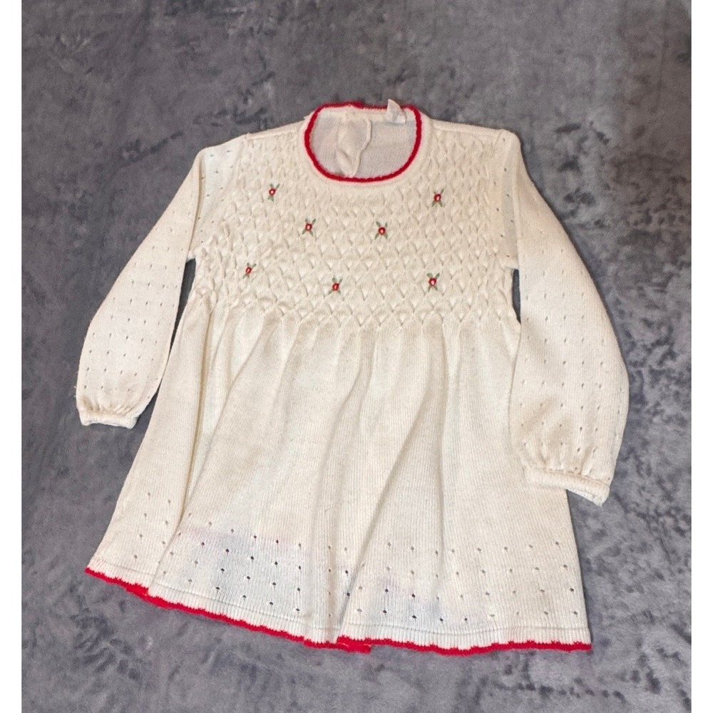 Vintage Toddletime JCPenney Girls 4T‎ Knit Smocked Dress White Red Trim